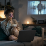 Jeune femme regardant un film sur un ordinateur portable avec du popcorn