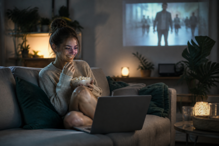 Jeune femme regardant un film sur un ordinateur portable avec du popcorn