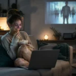 Jeune femme regardant un film sur un ordinateur portable avec du popcorn