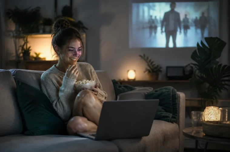 Jeune femme regardant un film sur un ordinateur portable avec du popcorn