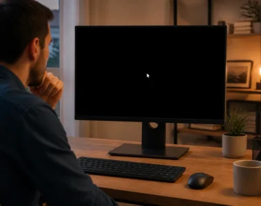 Écran d’ordinateur noir avec un curseur blanc visible sous Windows