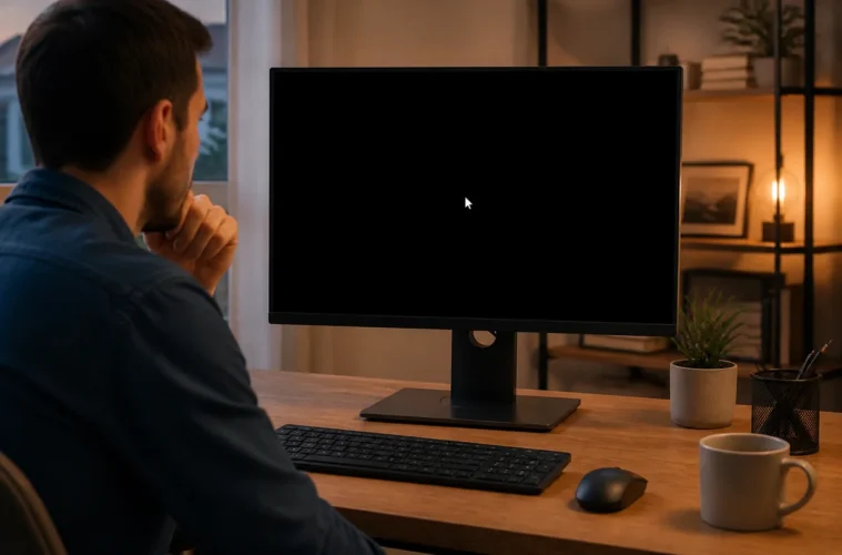 Écran d’ordinateur noir avec un curseur blanc visible sous Windows