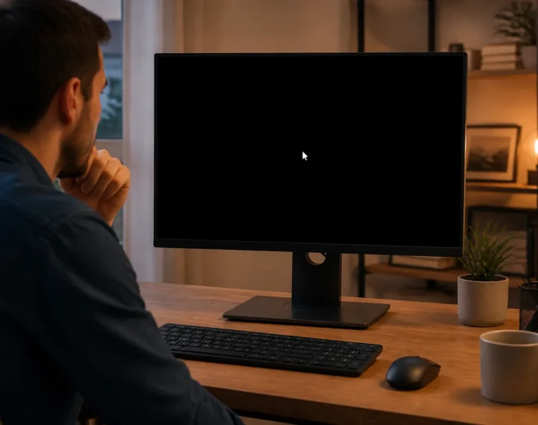 Écran d’ordinateur noir avec un curseur blanc visible sous Windows