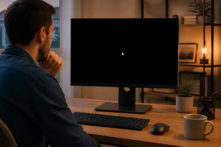Écran d’ordinateur noir avec un curseur blanc visible sous Windows