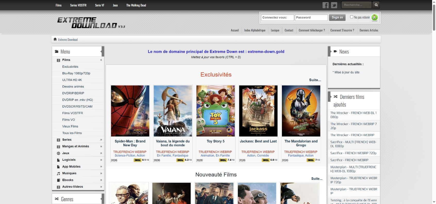Capture de la page Extreme Down sur extreme-down.gold le 17 octobre 2026 : marque et catalogue visibles