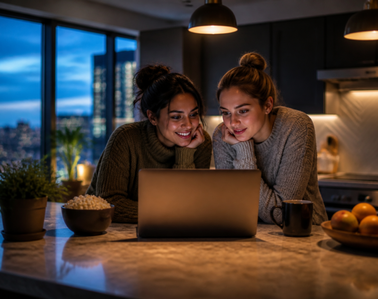 Deux jeunes femmes regardant du streaming sur un ordinateur portable