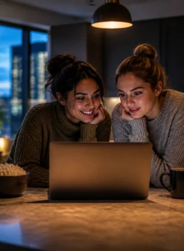 Deux jeunes femmes regardant du streaming sur un ordinateur portable