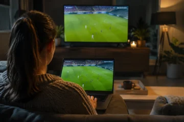 Une spectatrice regarde du football sur un ordinateur portable