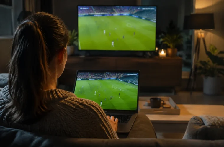 Une spectatrice regarde du football sur un ordinateur portable