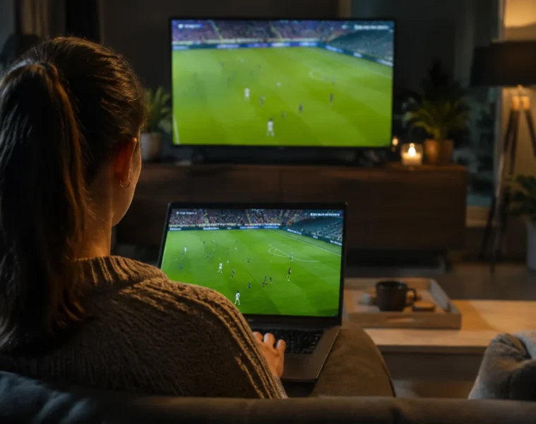 Une spectatrice regarde du football sur un ordinateur portable
