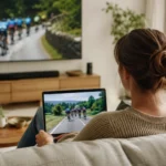Une spectatrice suit une course cycliste à la maison