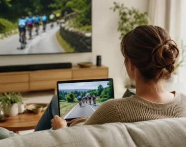 Une spectatrice suit une course cycliste à la maison