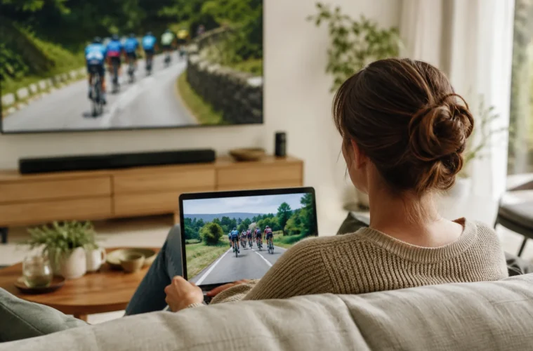 Une spectatrice suit une course cycliste à la maison