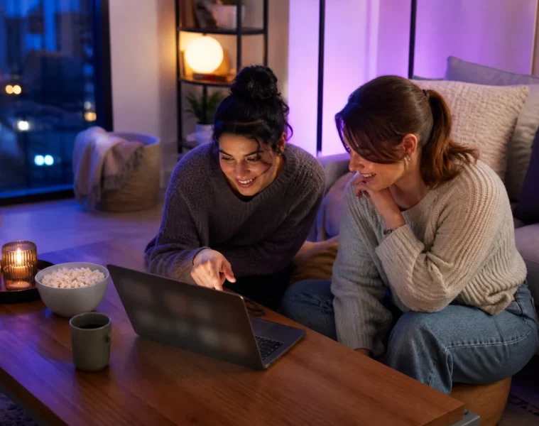 Deux jeunes femmes regardant du streaming sur un ordinateur portable dans un salon