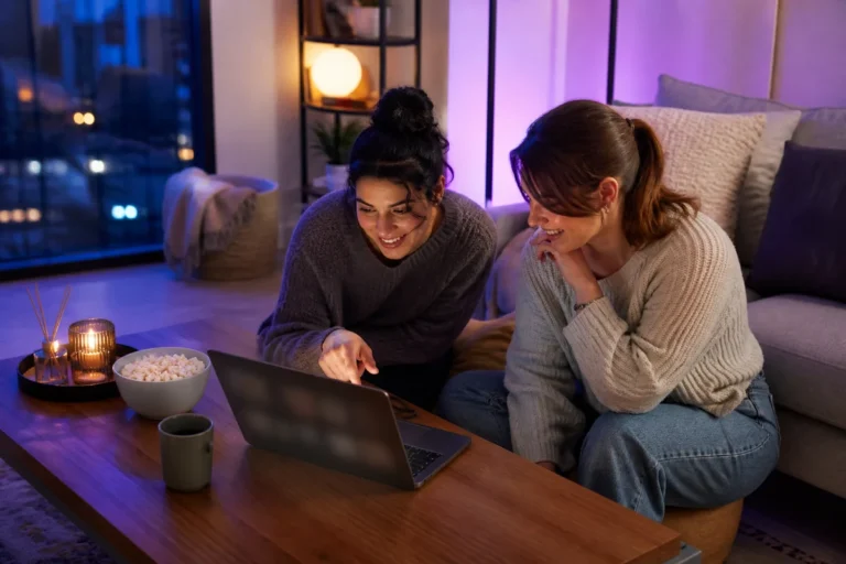 Deux jeunes femmes regardant du streaming sur un ordinateur portable dans un salon