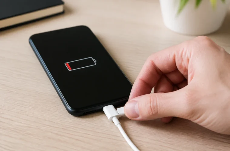 Smartphone branché dont la batterie reste faible pendant la charge