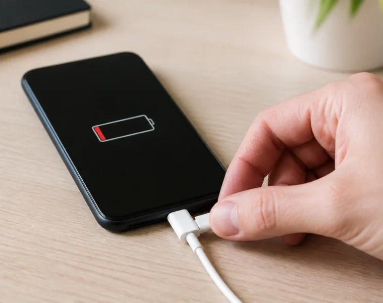 Smartphone branché dont la batterie reste faible pendant la charge