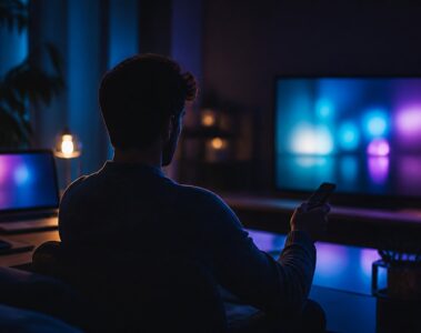 Scène éditoriale abstraite évoquant Motomaz et le streaming de films et séries