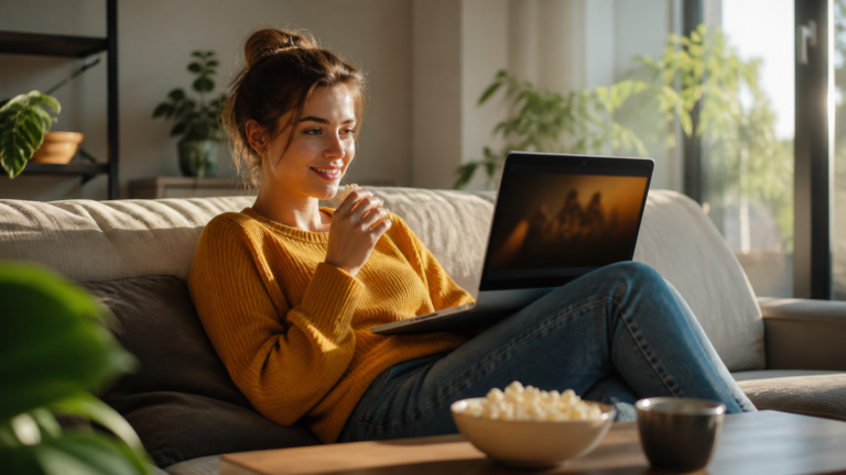 Jeune femme adulte regardant un film en streaming sur son ordinateur portable pour l’article Movbor
