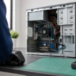 PC qui s’allume et s’éteint en boucle : quoi vérifier ? Ordinateur de bureau ouvert sur un établi pour diagnostiquer des redémarrages en boucle