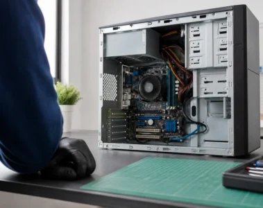 Ordinateur de bureau ouvert sur un établi pour diagnostiquer des redémarrages en boucle