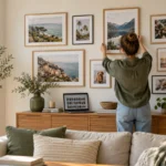 Décoration murale composée de photos imprimées dans un salon lumineux