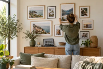 Décoration murale composée de photos imprimées dans un salon lumineux