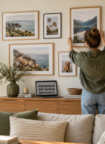 Décoration murale composée de photos imprimées dans un salon lumineux