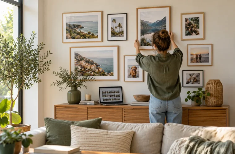 Décoration murale composée de photos imprimées dans un salon lumineux