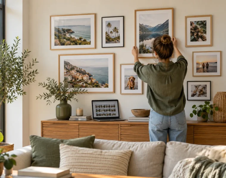 Décoration murale composée de photos imprimées dans un salon lumineux