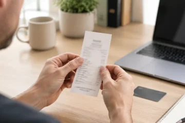 Justificatif de paiement posé sur un bureau pour une démarche de remboursement