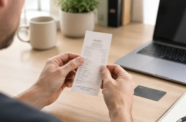 Justificatif de paiement posé sur un bureau pour une démarche de remboursement