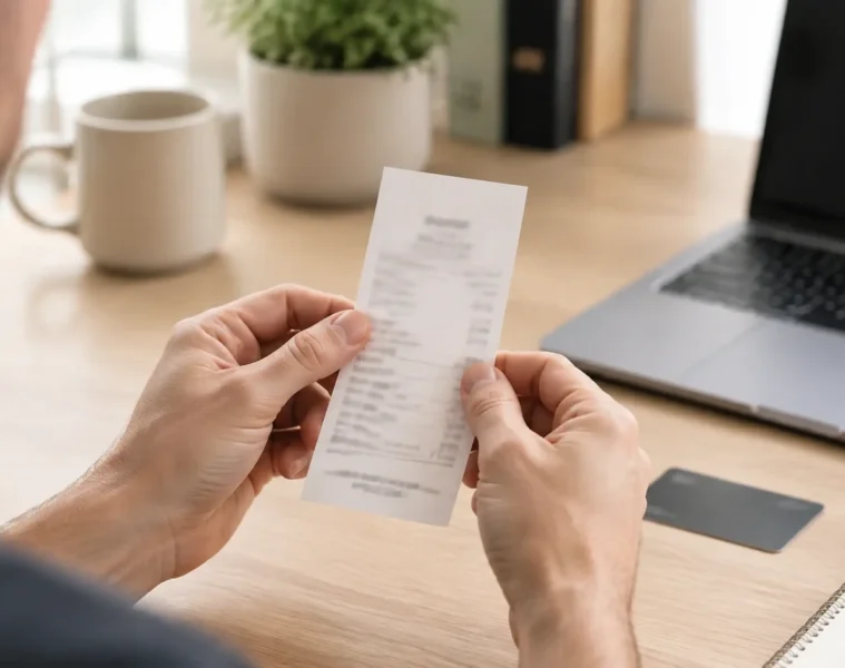 Justificatif de paiement posé sur un bureau pour une démarche de remboursement