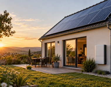 Maison équipée de panneaux solaires et d'une batterie de stockage