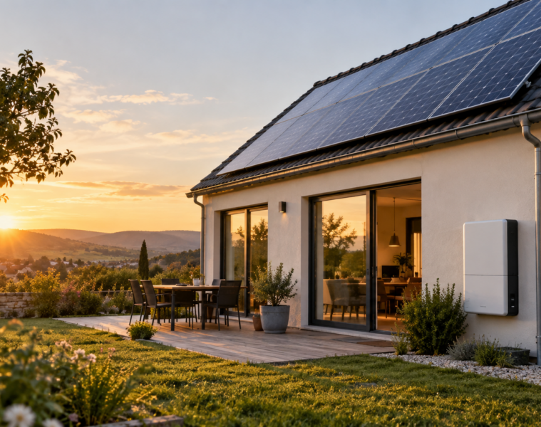 Maison équipée de panneaux solaires et d'une batterie de stockage