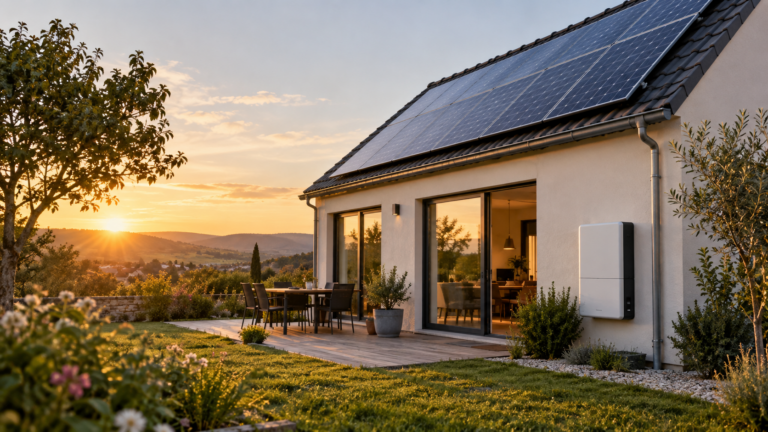 Maison équipée de panneaux solaires et d'une batterie de stockage