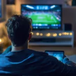 Un spectateur regarde un match de football à la télévision