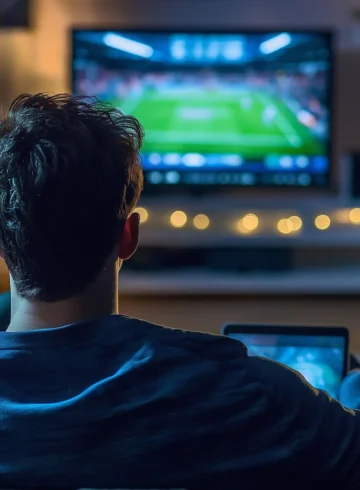 Un spectateur regarde un match de football à la télévision