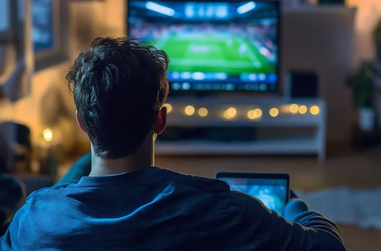 Un spectateur regarde un match de football à la télévision