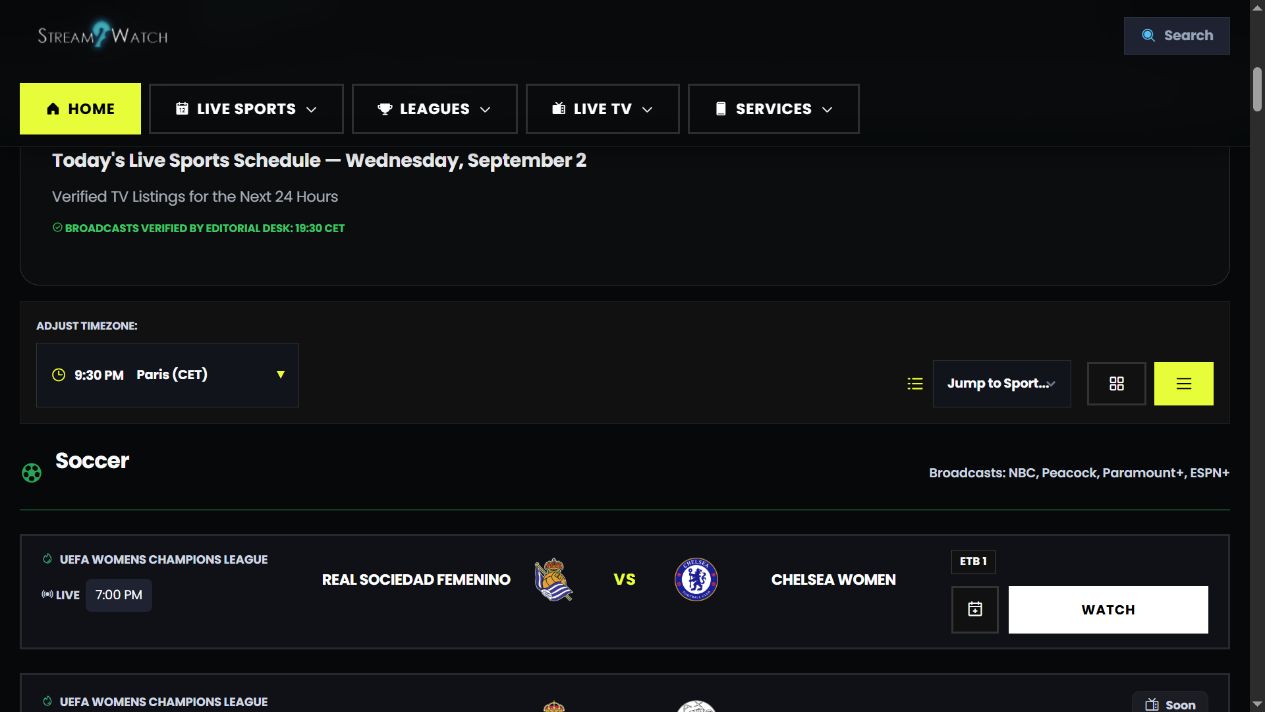 Programme sportif Stream2Watch visible sur live.stream2watch.me le 2 septembre 2026