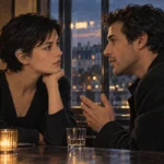 Illustration originale de deux personnages fictifs qui se parlent dans un bar parisien au crépuscule.