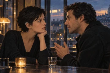 Illustration originale de deux personnages fictifs qui se parlent dans un bar parisien au crépuscule.