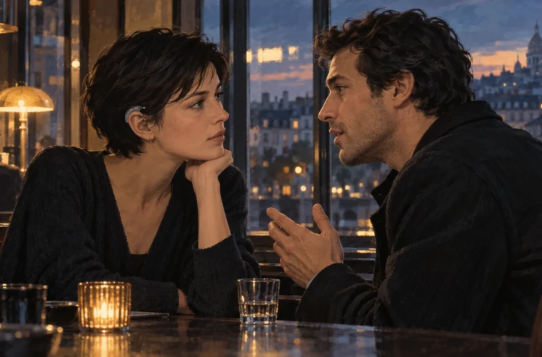 Illustration originale de deux personnages fictifs qui se parlent dans un bar parisien au crépuscule.