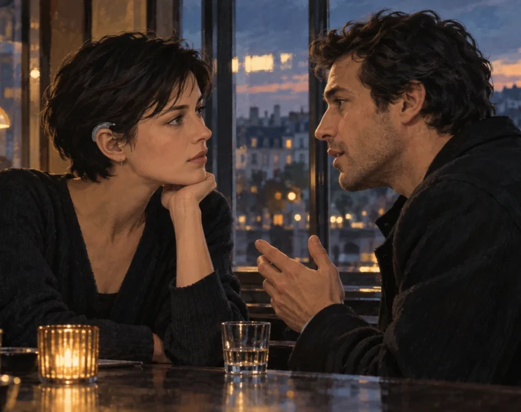 Illustration originale de deux personnages fictifs qui se parlent dans un bar parisien au crépuscule.