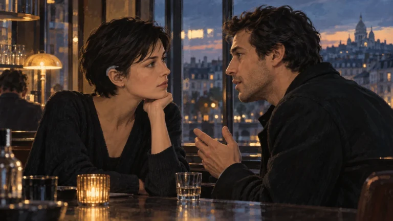 Illustration originale de deux personnages fictifs qui se parlent dans un bar parisien au crépuscule.