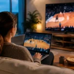 Une spectatrice regarde du basket sur un ordinateur portable et une télévision