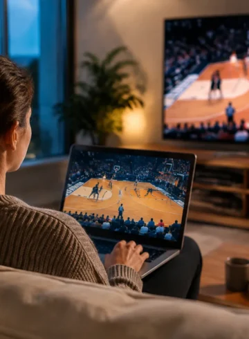 Une spectatrice regarde du basket sur un ordinateur portable et une télévision