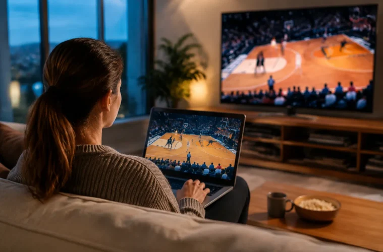 Une spectatrice regarde du basket sur un ordinateur portable et une télévision