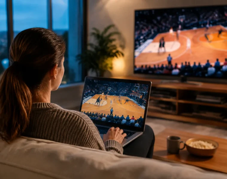 Une spectatrice regarde du basket sur un ordinateur portable et une télévision
