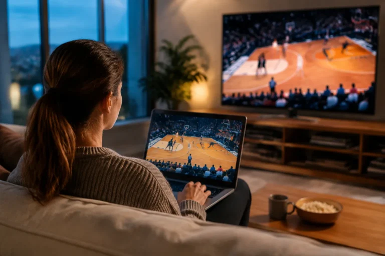 Une spectatrice regarde du basket sur un ordinateur portable et une télévision